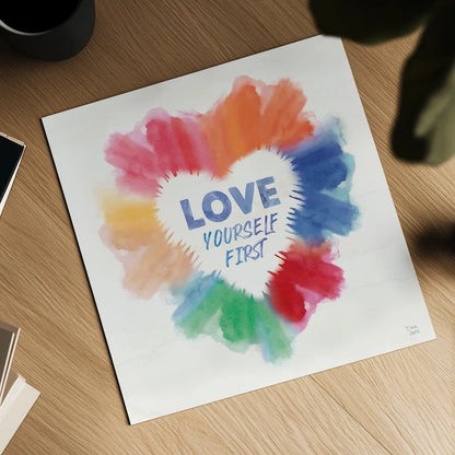 Rainbow Love Pride by Dina June. Shown as a detailed flat fine art print, highlighting archival giclee quality. Available as an archival giclee rolled canvas, fine art paper, or poster print. SKU 85453a.