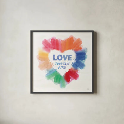 Rainbow Love Pride by Dina June. Shown in a sleek black glass frame for a contemporary gallery look. Available as an archival giclee rolled canvas, fine art paper, or poster print. SKU 85453a.
