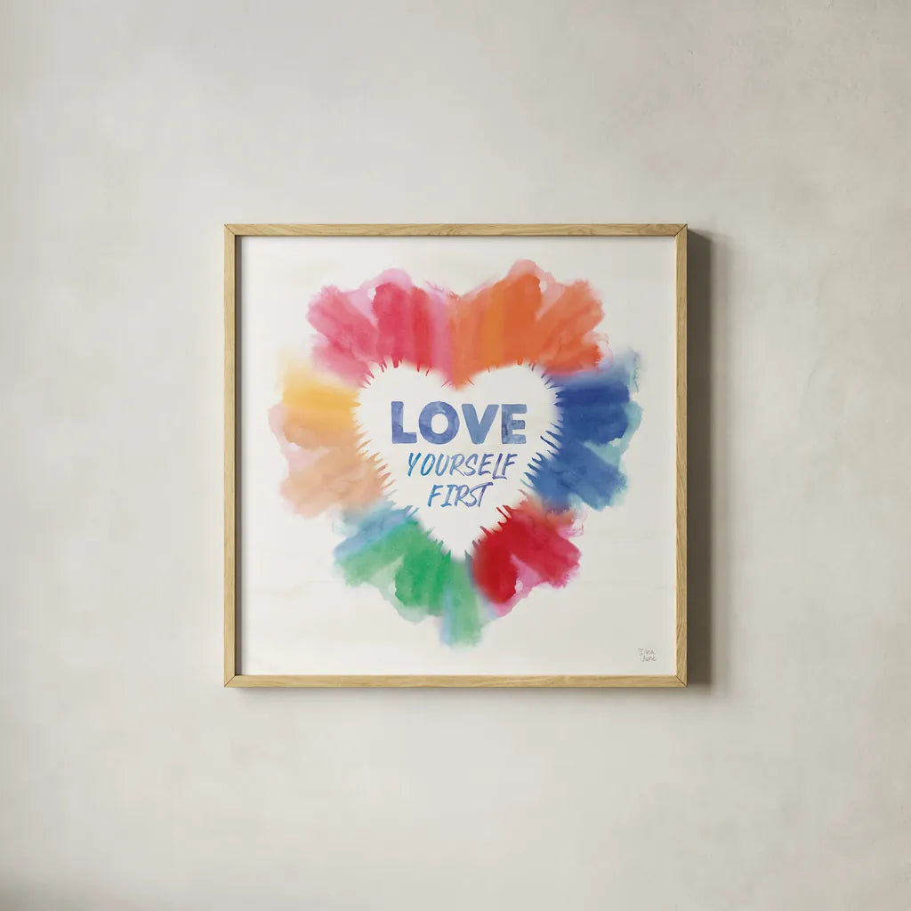 Rainbow Love Pride by Dina June. Shown in a natural wood glass frame for a timeless modern aesthetic. Available as an archival giclee rolled canvas, fine art paper, or poster print. SKU 85453a.