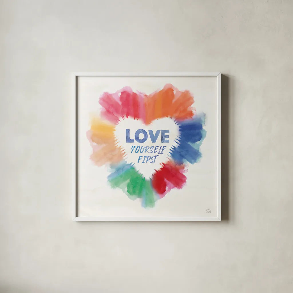 Rainbow Love Pride by Dina June. Shown in a crisp white glass frame for a clean and minimalist style. Available as an archival giclee rolled canvas, fine art paper, or poster print. SKU 85453a.