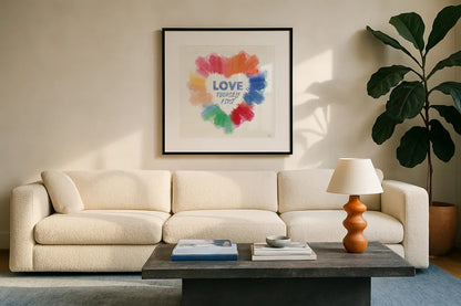 Rainbow Love Pride by Dina June. Displayed in a glass frame with matte in a clean modern living room. Available as an archival giclee rolled canvas, fine art paper, or poster print. SKU 85453a.
