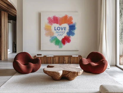 Rainbow Love Pride by Dina June. Shown as extra-large giant wall art in a modern living room. Available as an archival giclee rolled canvas, fine art paper, or poster print. SKU 85453a.