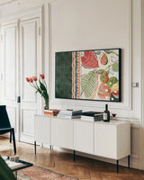 Rainforest I by Dina June. shown as a framed stretched canvas in a living room above a console. Available as a archival giclee rolled canvas, fine art paper, or poster print. SKU 92492i.