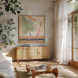 Rainforest III by Dina June. Shown in a natural wood frame in a cozy modern living room. Available as an archival giclee rolled canvas, fine art paper, or poster print. SKU 92494a.