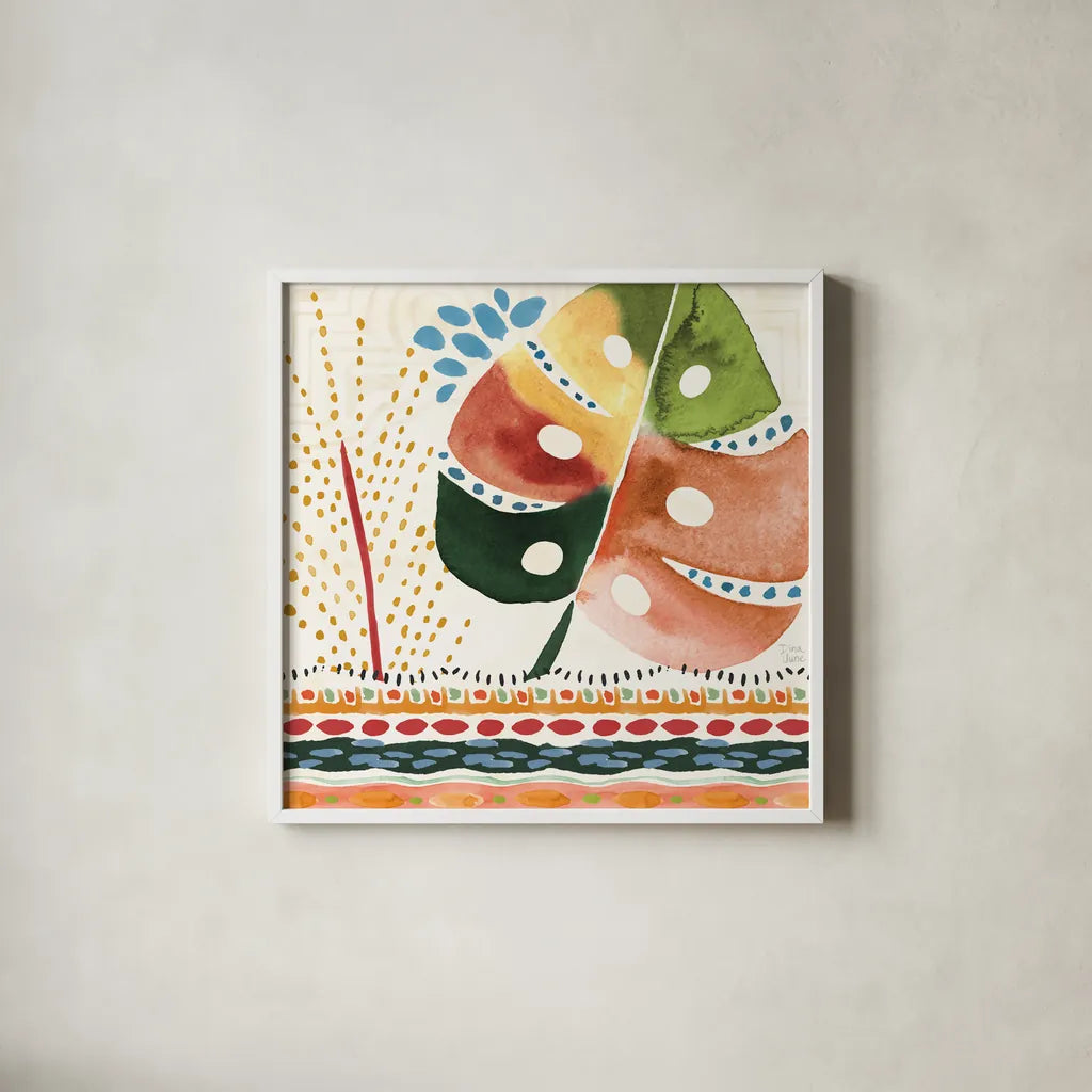 Rainforest IV by Dina June. Shown in a crisp white glass frame for a clean and minimalist style. Available as an archival giclee rolled canvas, fine art paper, or poster print. SKU 92495a.