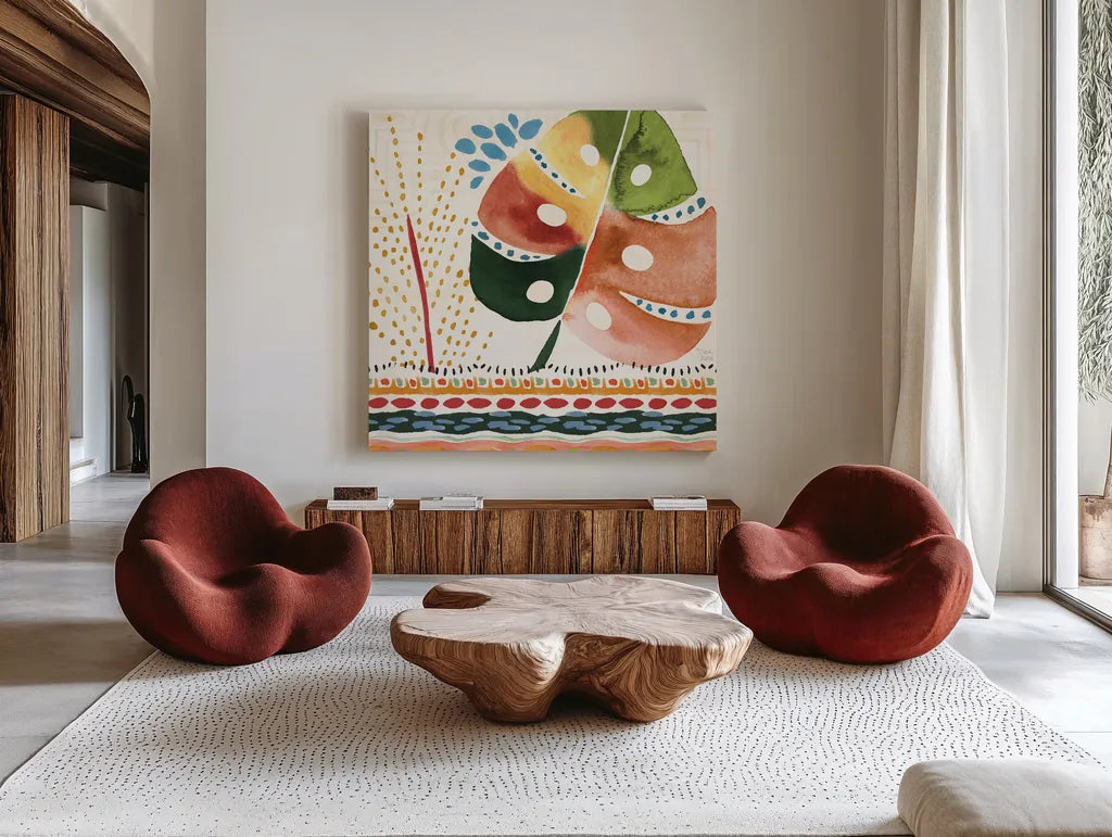 Rainforest IV by Dina June. Shown as extra-large giant wall art in a modern living room. Available as an archival giclee rolled canvas, fine art paper, or poster print. SKU 92495a.
