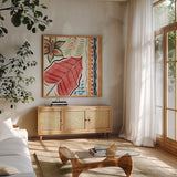 Rainforest V by Dina June. Shown in a natural wood frame in a cozy modern living room. Available as an archival giclee rolled canvas, fine art paper, or poster print. SKU 92496a.