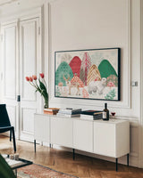 Snowy Critters I by Dina June. shown as a framed stretched canvas in a living room above a console. Available as a archival giclee rolled canvas, fine art paper, or poster print. SKU 83421i.
