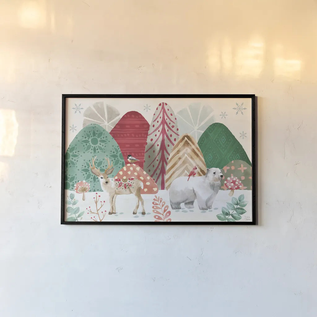 Snowy Critters I by Dina June. shown as a paper print in a black flame. Available as a archival giclee rolled canvas, fine art paper, or poster print. SKU 83421i.