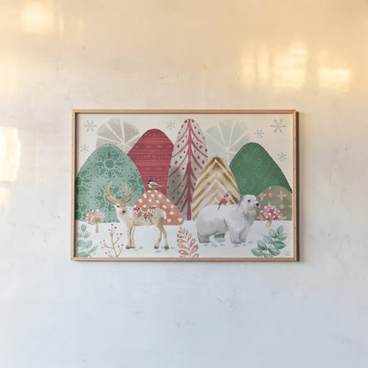 Snowy Critters I by Dina June. shown as a paper print in a natural frame. Available as a archival giclee rolled canvas, fine art paper, or poster print. SKU 83421i.