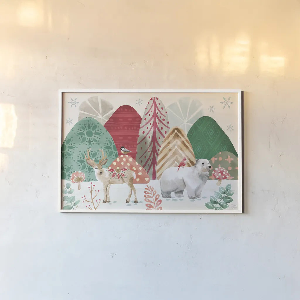 Snowy Critters I by Dina June. shown as a paper print in a white frame. Available as a archival giclee rolled canvas, fine art paper, or poster print. SKU 83421i.