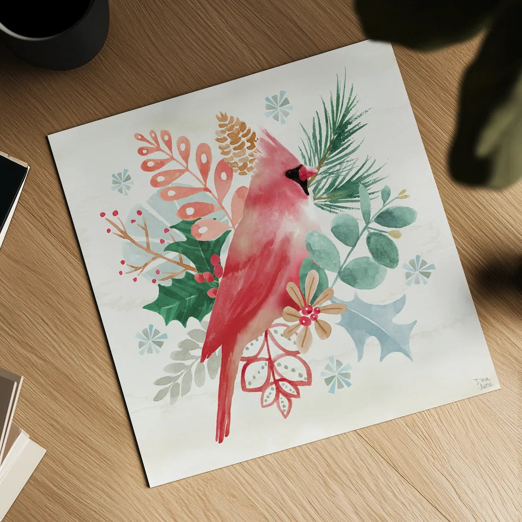 Snowy Critters II by Dina June. Shown as a detailed flat fine art print, highlighting archival giclee quality. Available as an archival giclee rolled canvas, fine art paper, or poster print. SKU 83422a.