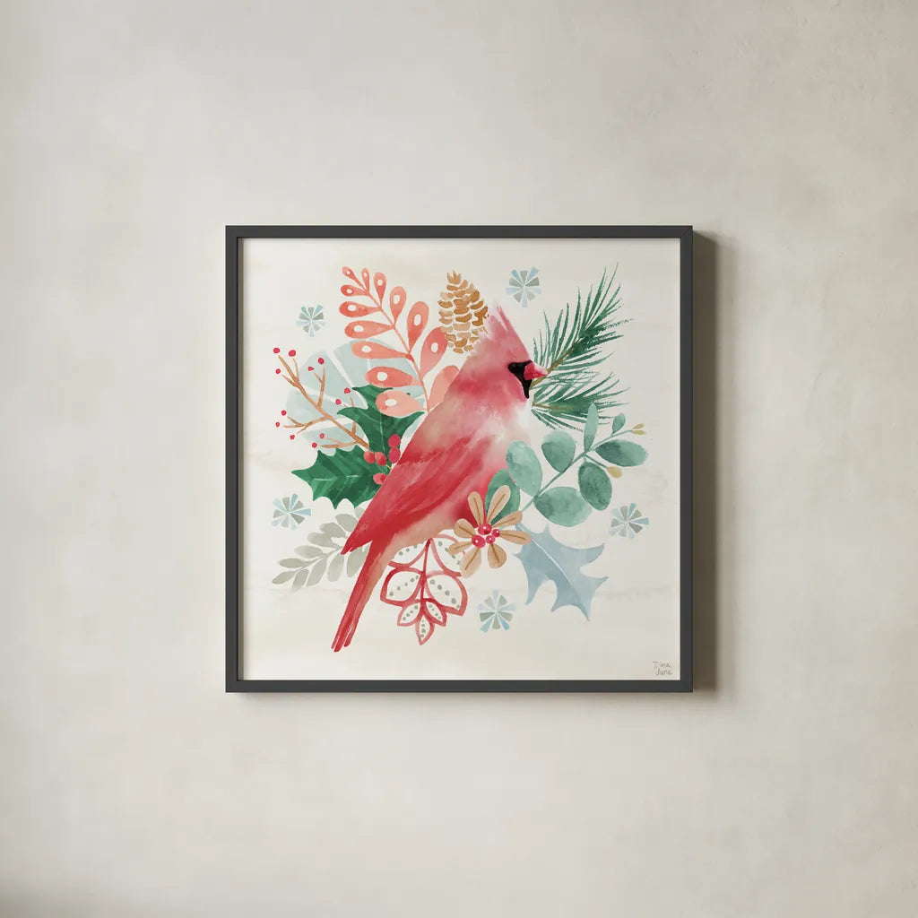 Snowy Critters II by Dina June. Shown in a sleek black glass frame for a contemporary gallery look. Available as an archival giclee rolled canvas, fine art paper, or poster print. SKU 83422a.