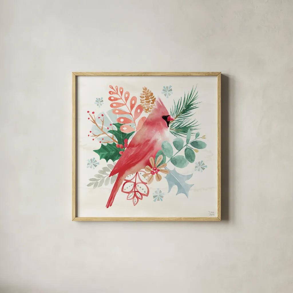 Snowy Critters II by Dina June. Shown in a natural wood glass frame for a timeless modern aesthetic. Available as an archival giclee rolled canvas, fine art paper, or poster print. SKU 83422a.