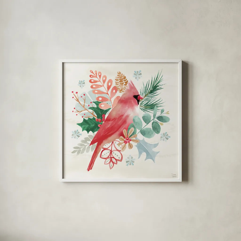 Snowy Critters II by Dina June. Shown in a crisp white glass frame for a clean and minimalist style. Available as an archival giclee rolled canvas, fine art paper, or poster print. SKU 83422a.