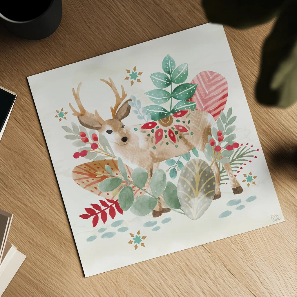 Snowy Critters III by Dina June. Shown as a detailed flat fine art print, highlighting archival giclee quality. Available as an archival giclee rolled canvas, fine art paper, or poster print. SKU 83423a.