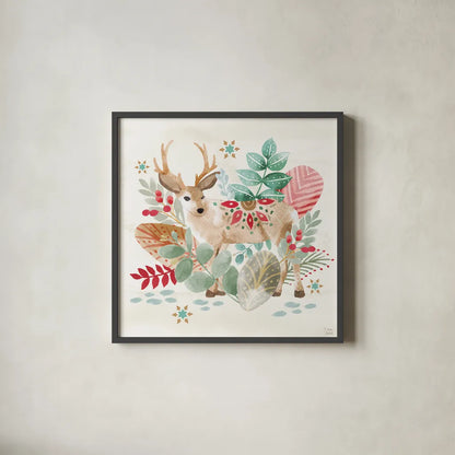 Snowy Critters III by Dina June. Shown in a sleek black glass frame for a contemporary gallery look. Available as an archival giclee rolled canvas, fine art paper, or poster print. SKU 83423a.