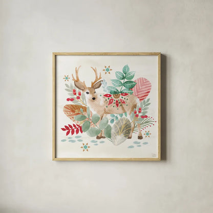 Snowy Critters III by Dina June. Shown in a natural wood glass frame for a timeless modern aesthetic. Available as an archival giclee rolled canvas, fine art paper, or poster print. SKU 83423a.