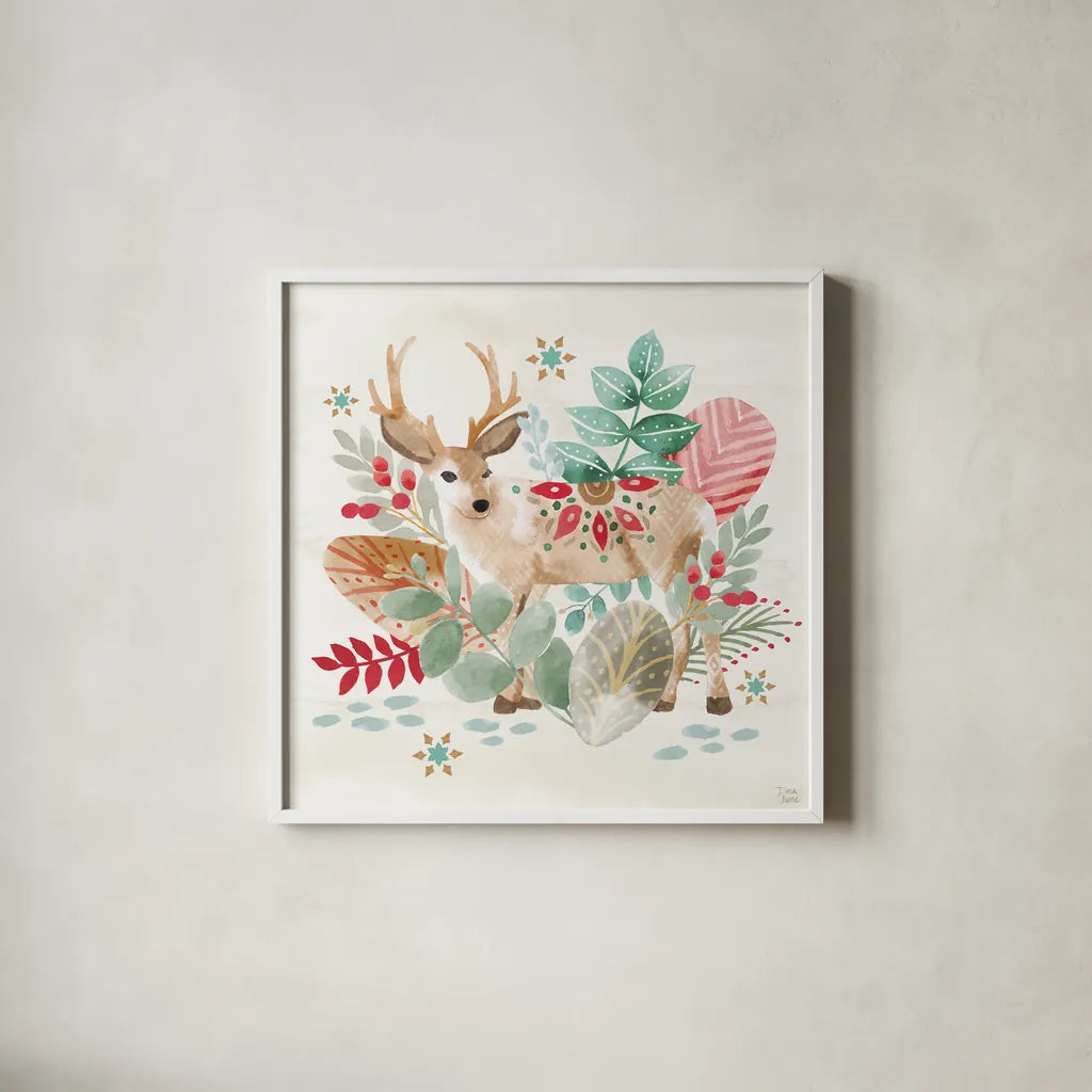 Snowy Critters III by Dina June. Shown in a crisp white glass frame for a clean and minimalist style. Available as an archival giclee rolled canvas, fine art paper, or poster print. SKU 83423a.