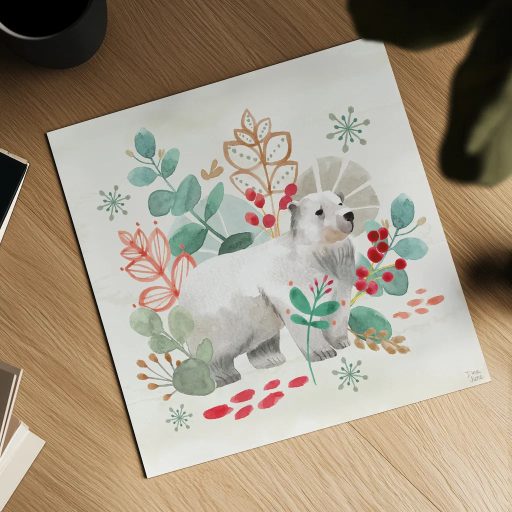 Snowy Critters IV by Dina June. Shown as a detailed flat fine art print, highlighting archival giclee quality. Available as an archival giclee rolled canvas, fine art paper, or poster print. SKU 83424a.