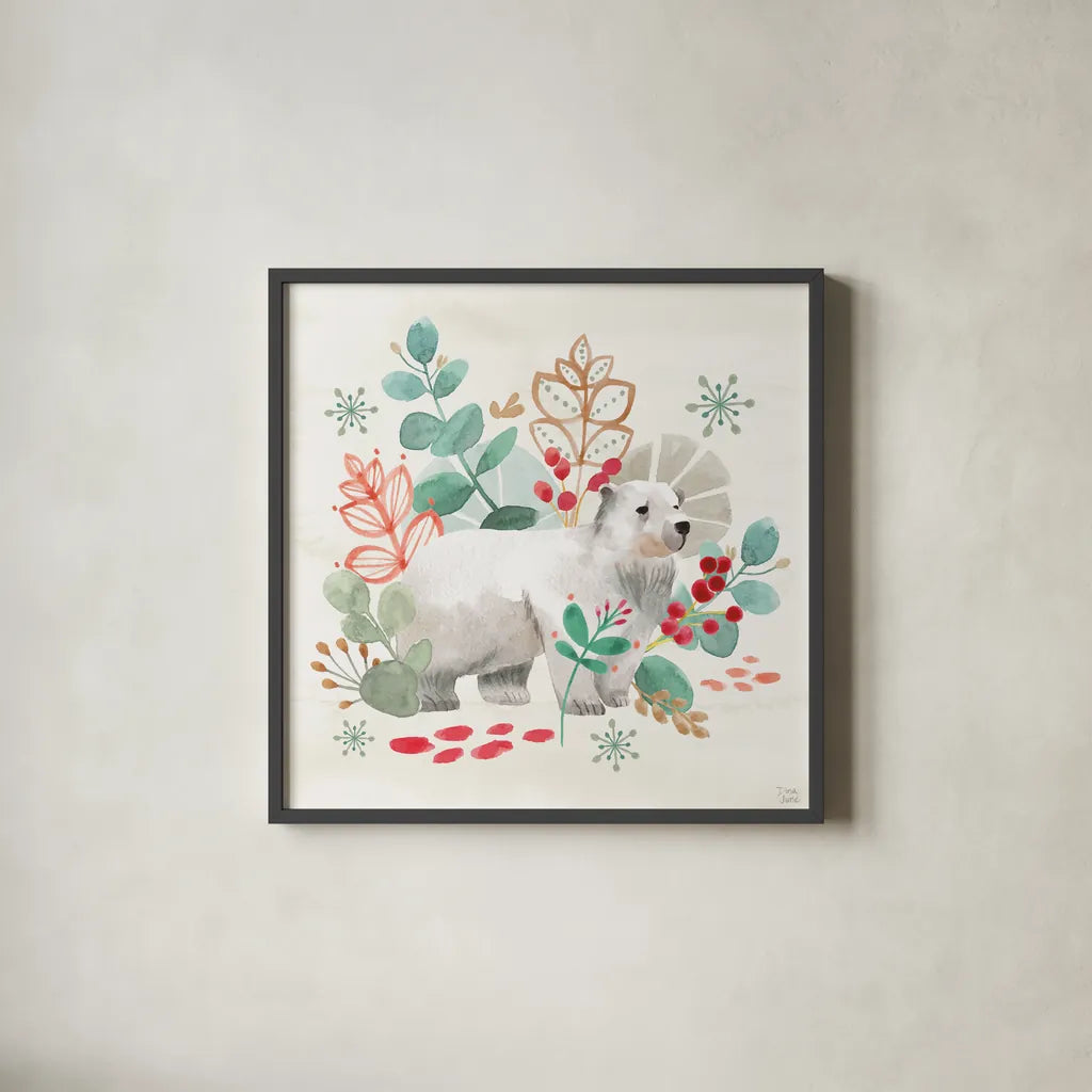 Snowy Critters IV by Dina June. Shown in a sleek black glass frame for a contemporary gallery look. Available as an archival giclee rolled canvas, fine art paper, or poster print. SKU 83424a.