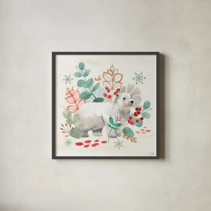 Snowy Critters IV by Dina June. Shown in a sleek black glass frame for a contemporary gallery look. Available as an archival giclee rolled canvas, fine art paper, or poster print. SKU 83424a.