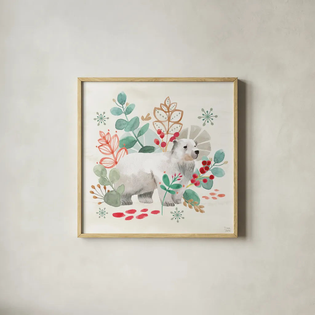 Snowy Critters IV by Dina June. Shown in a natural wood glass frame for a timeless modern aesthetic. Available as an archival giclee rolled canvas, fine art paper, or poster print. SKU 83424a.