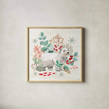 Snowy Critters IV by Dina June. Shown in a natural wood glass frame for a timeless modern aesthetic. Available as an archival giclee rolled canvas, fine art paper, or poster print. SKU 83424a.