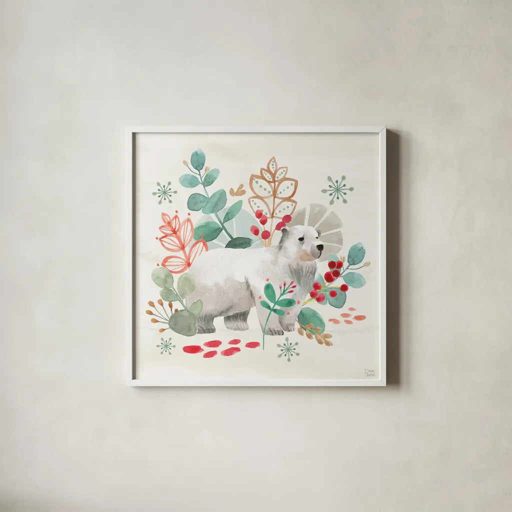 Snowy Critters IV by Dina June. Shown in a crisp white glass frame for a clean and minimalist style. Available as an archival giclee rolled canvas, fine art paper, or poster print. SKU 83424a.