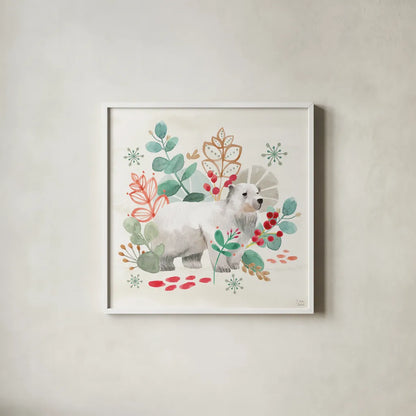 Snowy Critters IV by Dina June. Shown in a crisp white glass frame for a clean and minimalist style. Available as an archival giclee rolled canvas, fine art paper, or poster print. SKU 83424a.