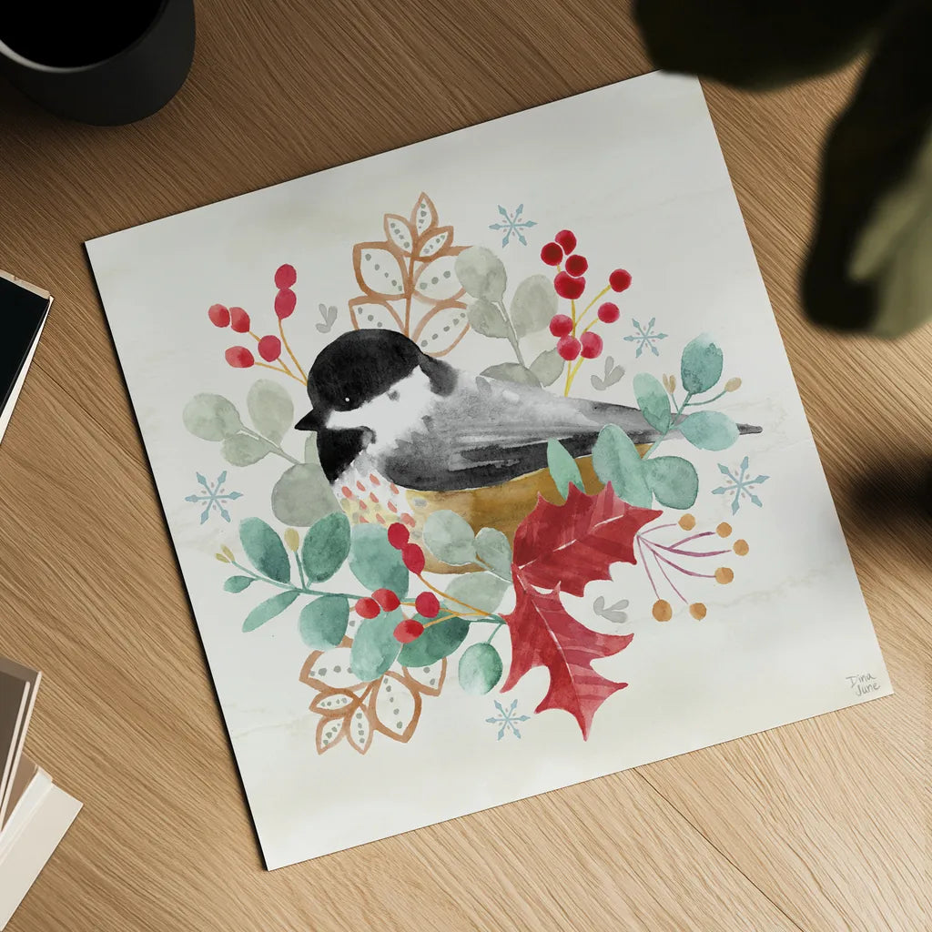 Snowy Critters V by Dina June. Shown as a detailed flat fine art print, highlighting archival giclee quality. Available as an archival giclee rolled canvas, fine art paper, or poster print. SKU 83425a.