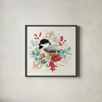 Snowy Critters V by Dina June. Shown in a sleek black glass frame for a contemporary gallery look. Available as an archival giclee rolled canvas, fine art paper, or poster print. SKU 83425a.
