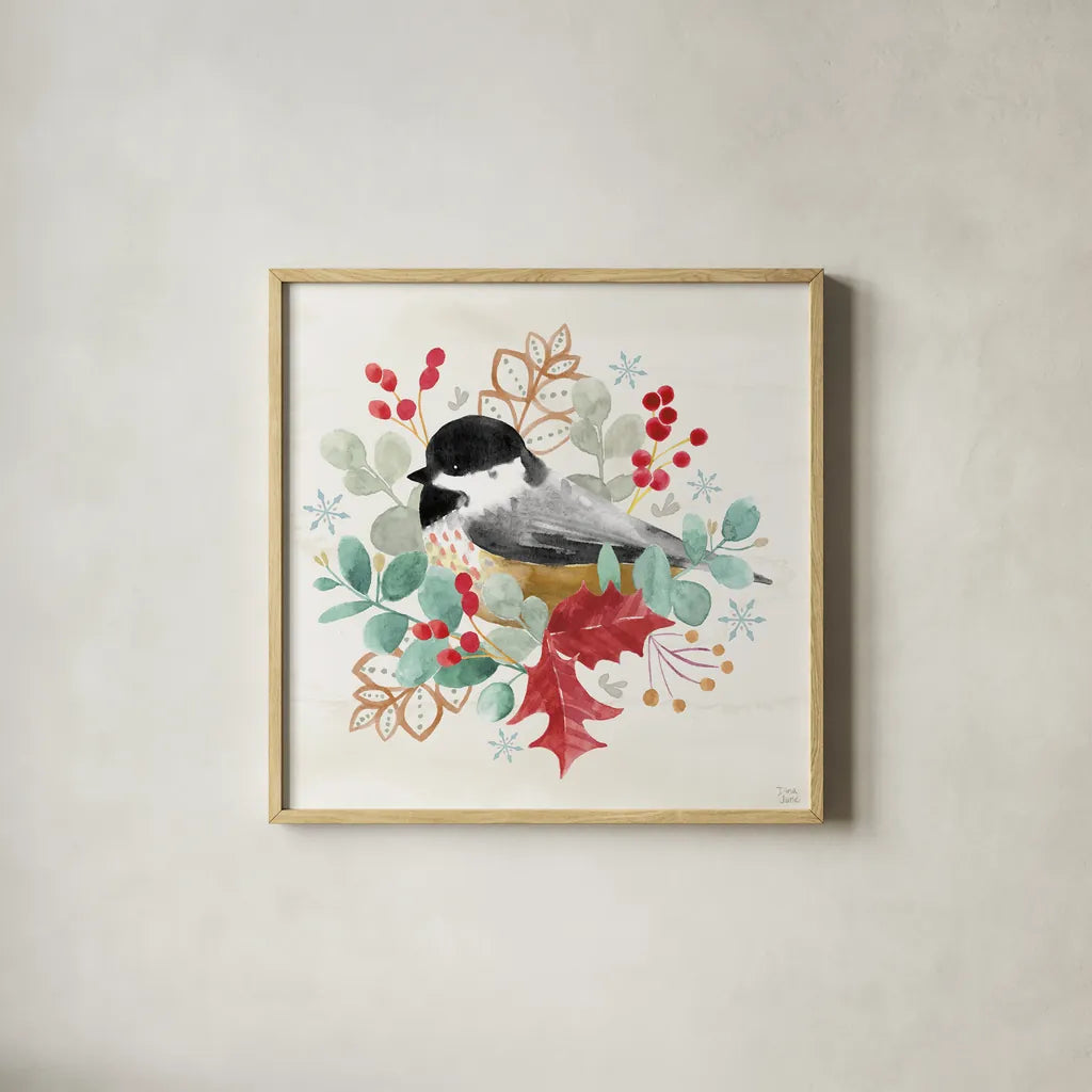 Snowy Critters V by Dina June. Shown in a natural wood glass frame for a timeless modern aesthetic. Available as an archival giclee rolled canvas, fine art paper, or poster print. SKU 83425a.