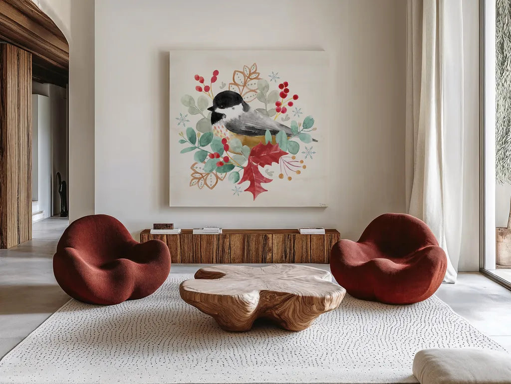 Snowy Critters V by Dina June. Shown as extra-large giant wall art in a modern living room. Available as an archival giclee rolled canvas, fine art paper, or poster print. SKU 83425a.