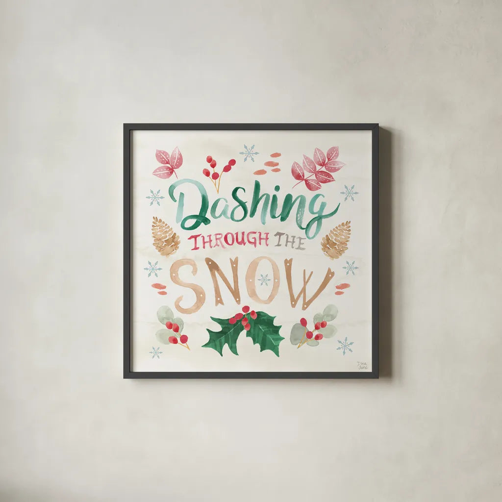 Snowy Critters VI by Dina June. Shown in a sleek black glass frame for a contemporary gallery look. Available as an archival giclee rolled canvas, fine art paper, or poster print. SKU 83426a.