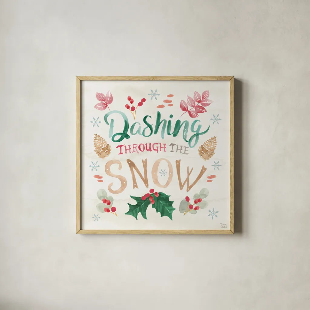 Snowy Critters VI by Dina June. Shown in a natural wood glass frame for a timeless modern aesthetic. Available as an archival giclee rolled canvas, fine art paper, or poster print. SKU 83426a.