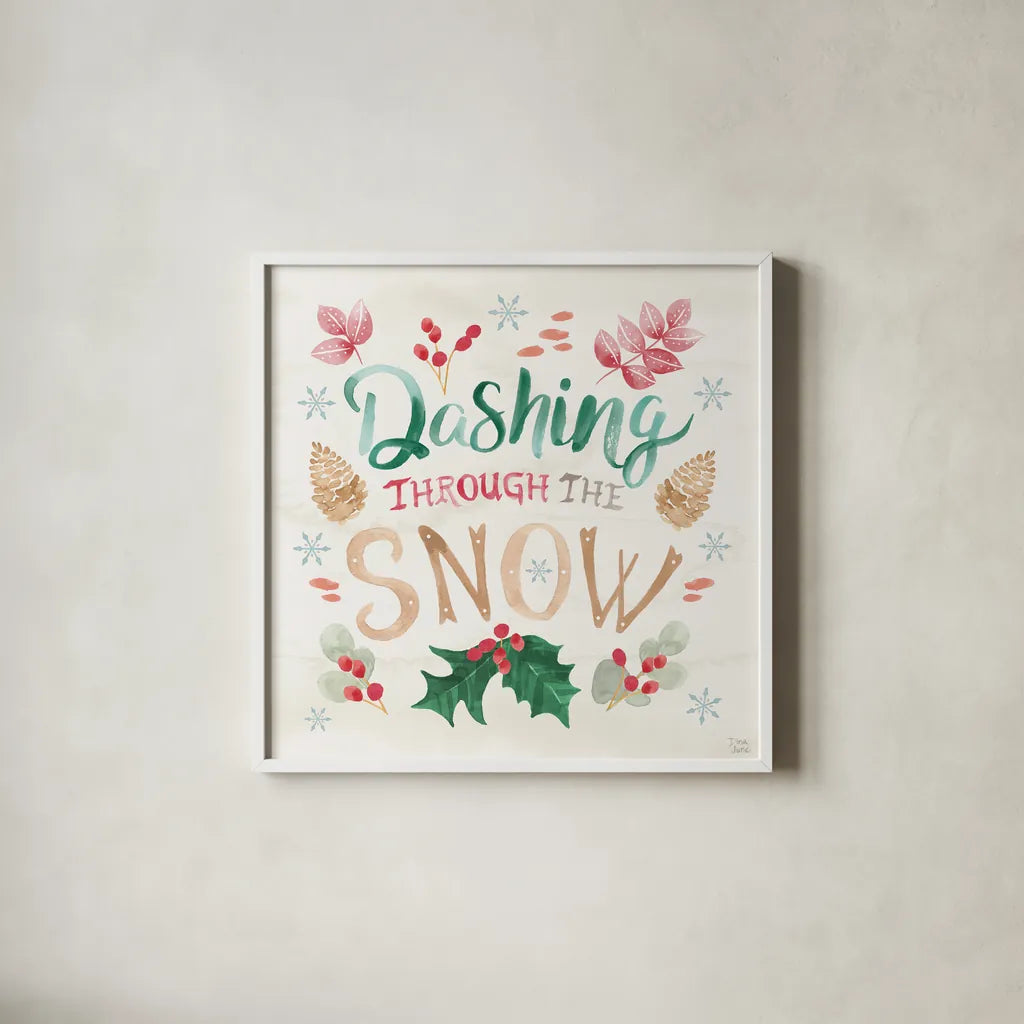 Snowy Critters VI by Dina June. Shown in a crisp white glass frame for a clean and minimalist style. Available as an archival giclee rolled canvas, fine art paper, or poster print. SKU 83426a.