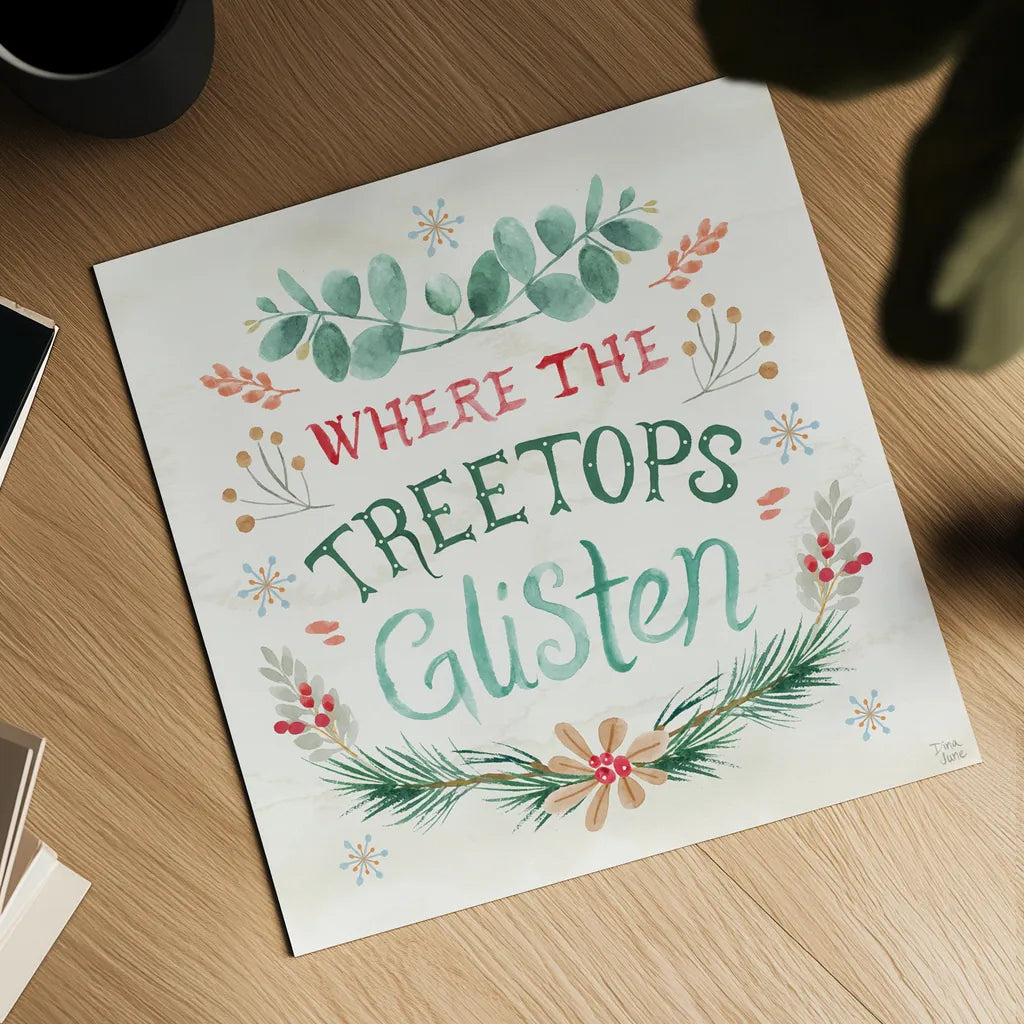 Snowy Critters VII by Dina June. Shown as a detailed flat fine art print, highlighting archival giclee quality. Available as an archival giclee rolled canvas, fine art paper, or poster print. SKU 83427a.