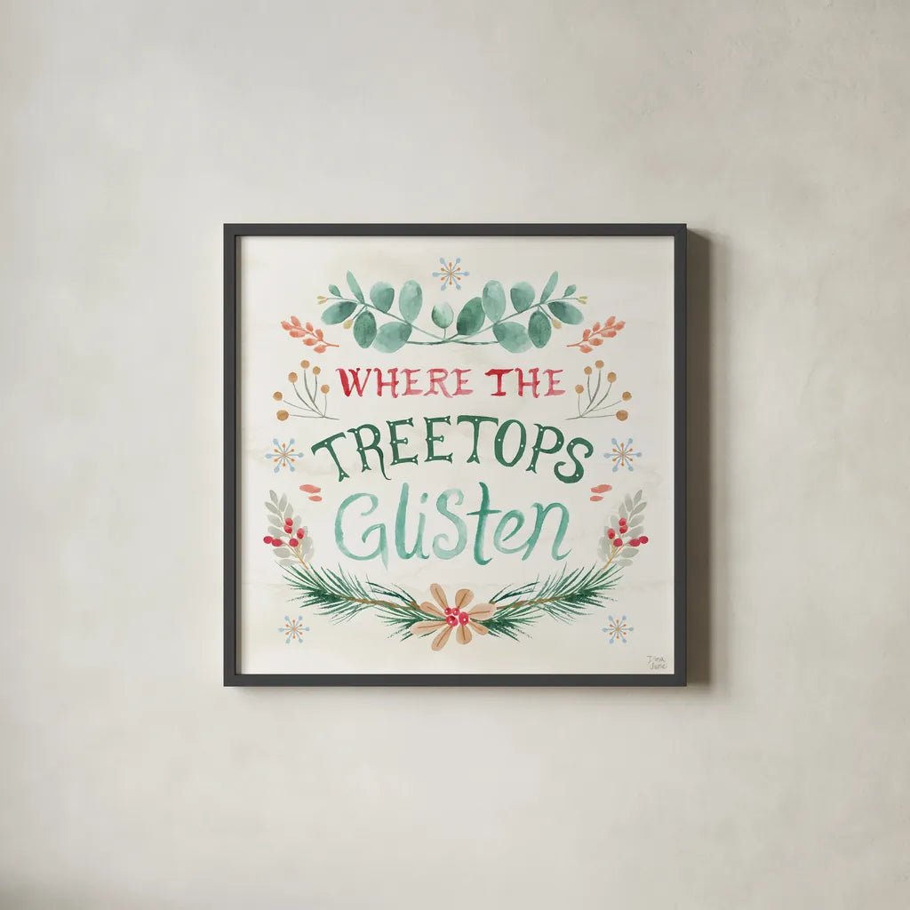 Snowy Critters VII by Dina June. Shown in a sleek black glass frame for a contemporary gallery look. Available as an archival giclee rolled canvas, fine art paper, or poster print. SKU 83427a.