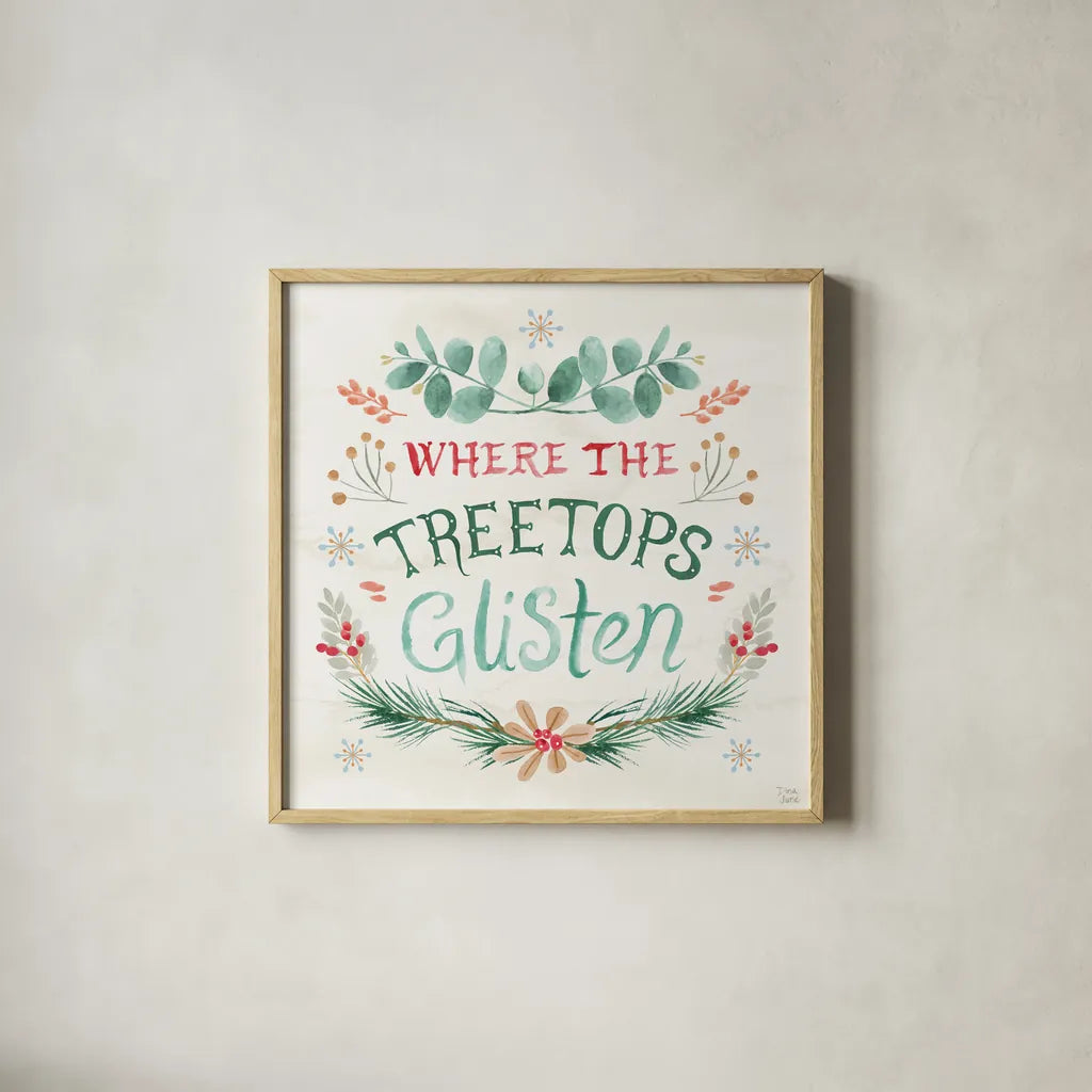 Snowy Critters VII by Dina June. Shown in a natural wood glass frame for a timeless modern aesthetic. Available as an archival giclee rolled canvas, fine art paper, or poster print. SKU 83427a.