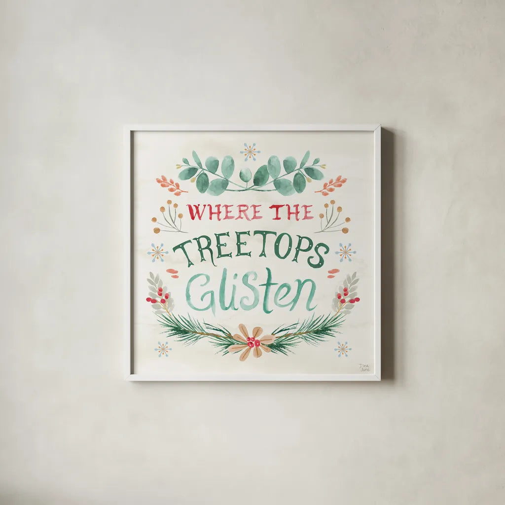 Snowy Critters VII by Dina June. Shown in a crisp white glass frame for a clean and minimalist style. Available as an archival giclee rolled canvas, fine art paper, or poster print. SKU 83427a.