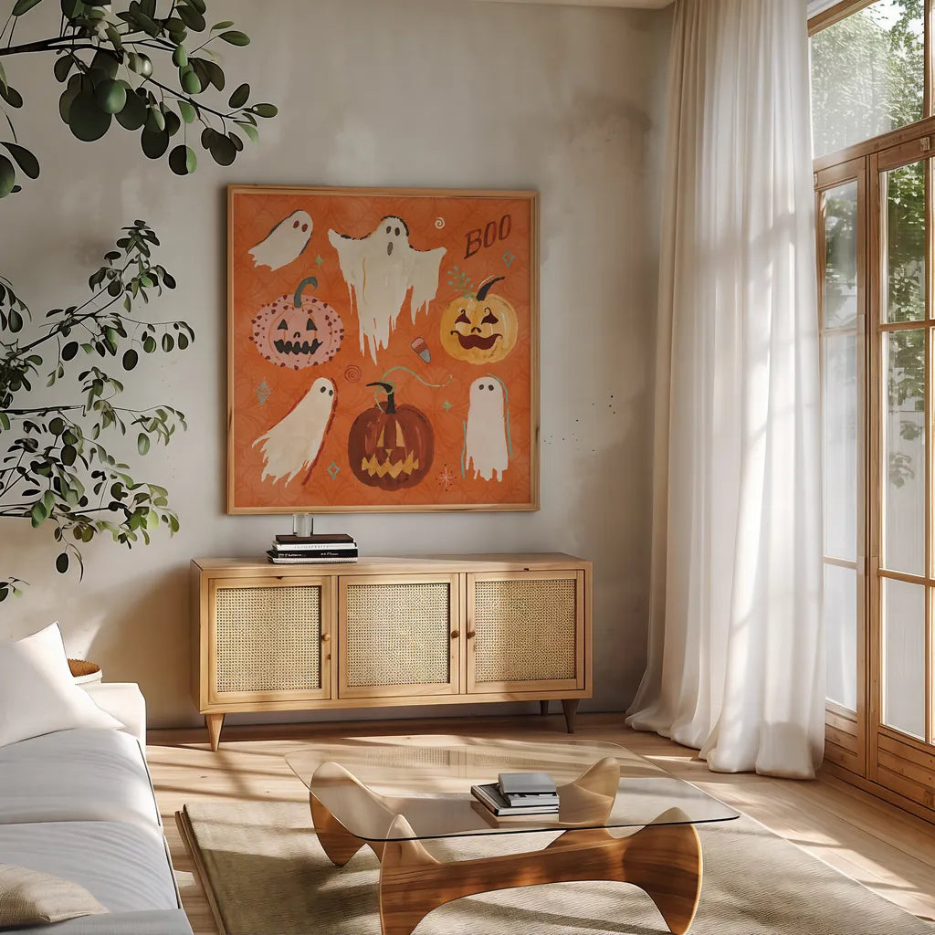 Spooky Night III by Dina June. Shown in a natural wood frame in a cozy modern living room. Available as an archival giclee rolled canvas, fine art paper, or poster print. SKU 95935a.