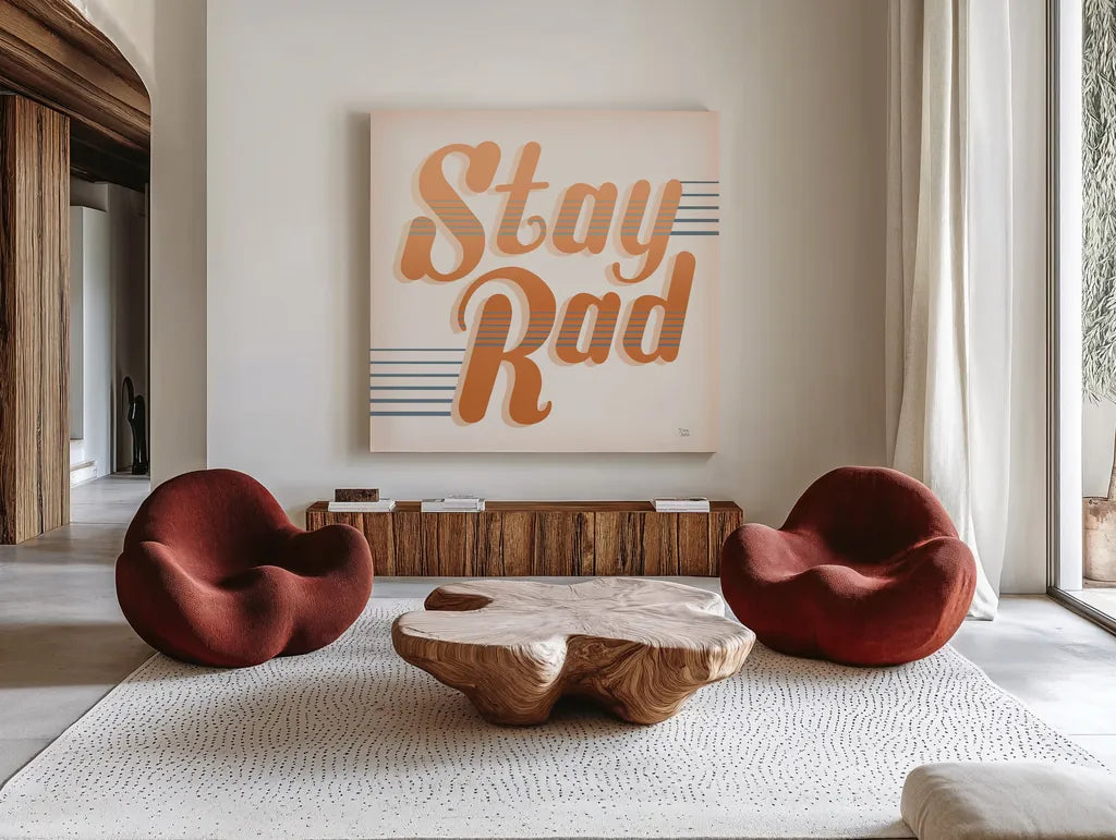 Stay Rad I Warm by Dina June. Shown as extra-large giant wall art in a modern living room. Available as an archival giclee rolled canvas, fine art paper, or poster print. SKU 66918a.