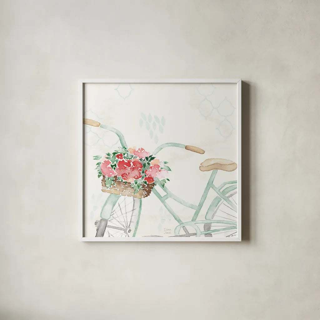 Summer Ride III by Dina June. Shown in a crisp white glass frame for a clean and minimalist style. Available as an archival giclee rolled canvas, fine art paper, or poster print. SKU 58438a.