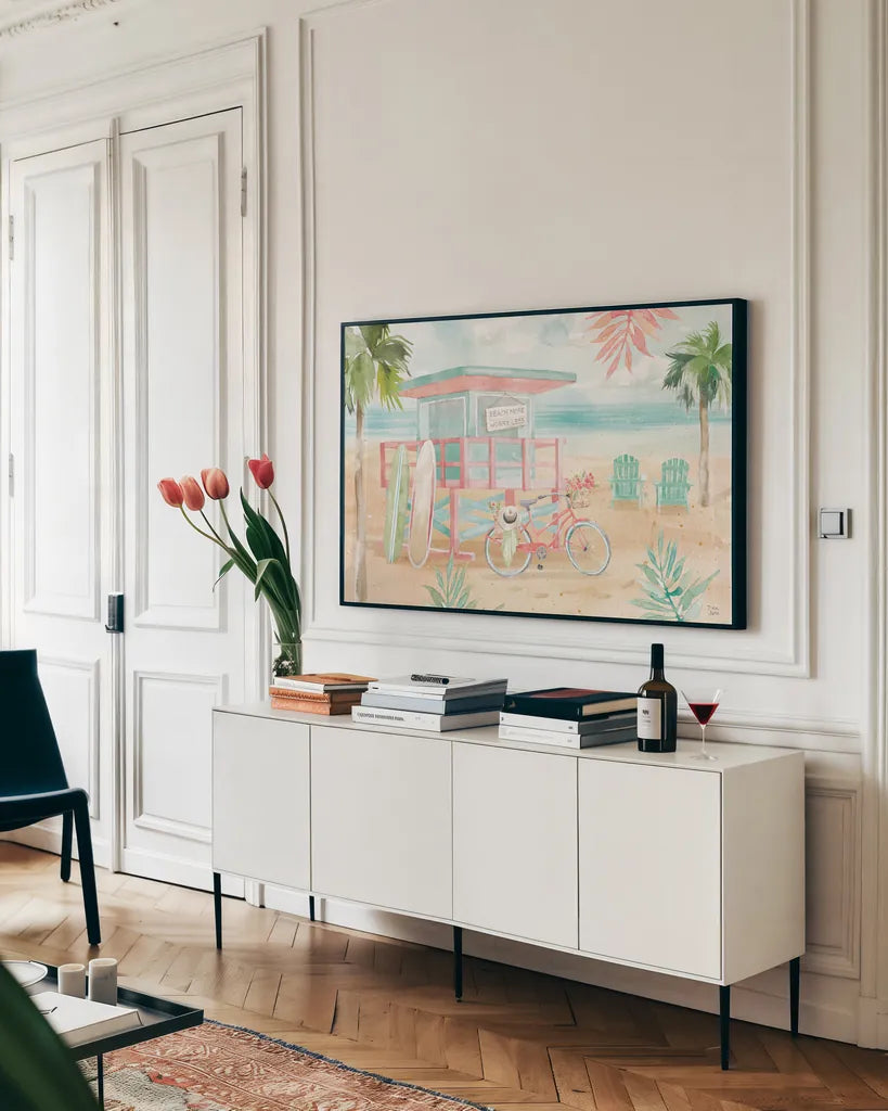 Surfs Up I by Dina June. shown as a framed stretched canvas in a living room above a console. Available as a archival giclee rolled canvas, fine art paper, or poster print. SKU 65079i.