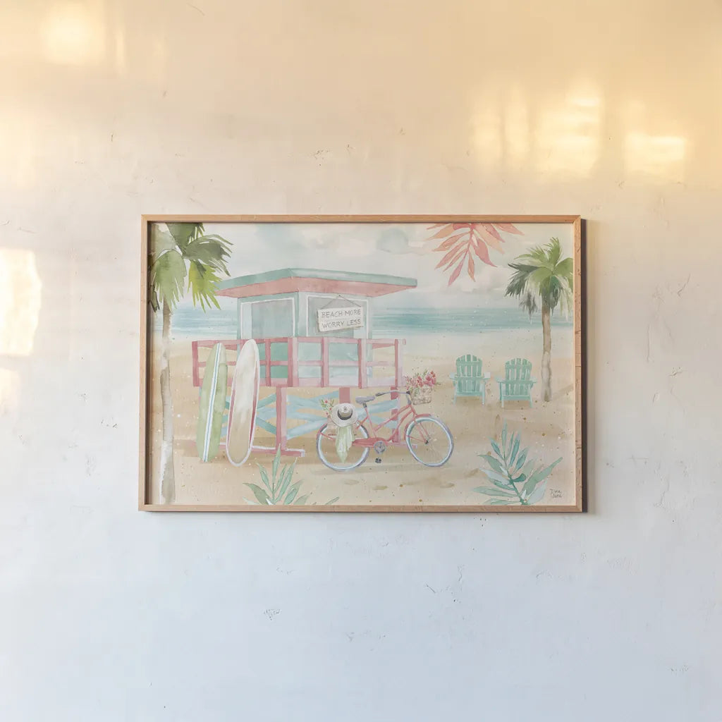 Surfs Up I by Dina June. shown as a paper print in a natural frame. Available as a archival giclee rolled canvas, fine art paper, or poster print. SKU 65079i.