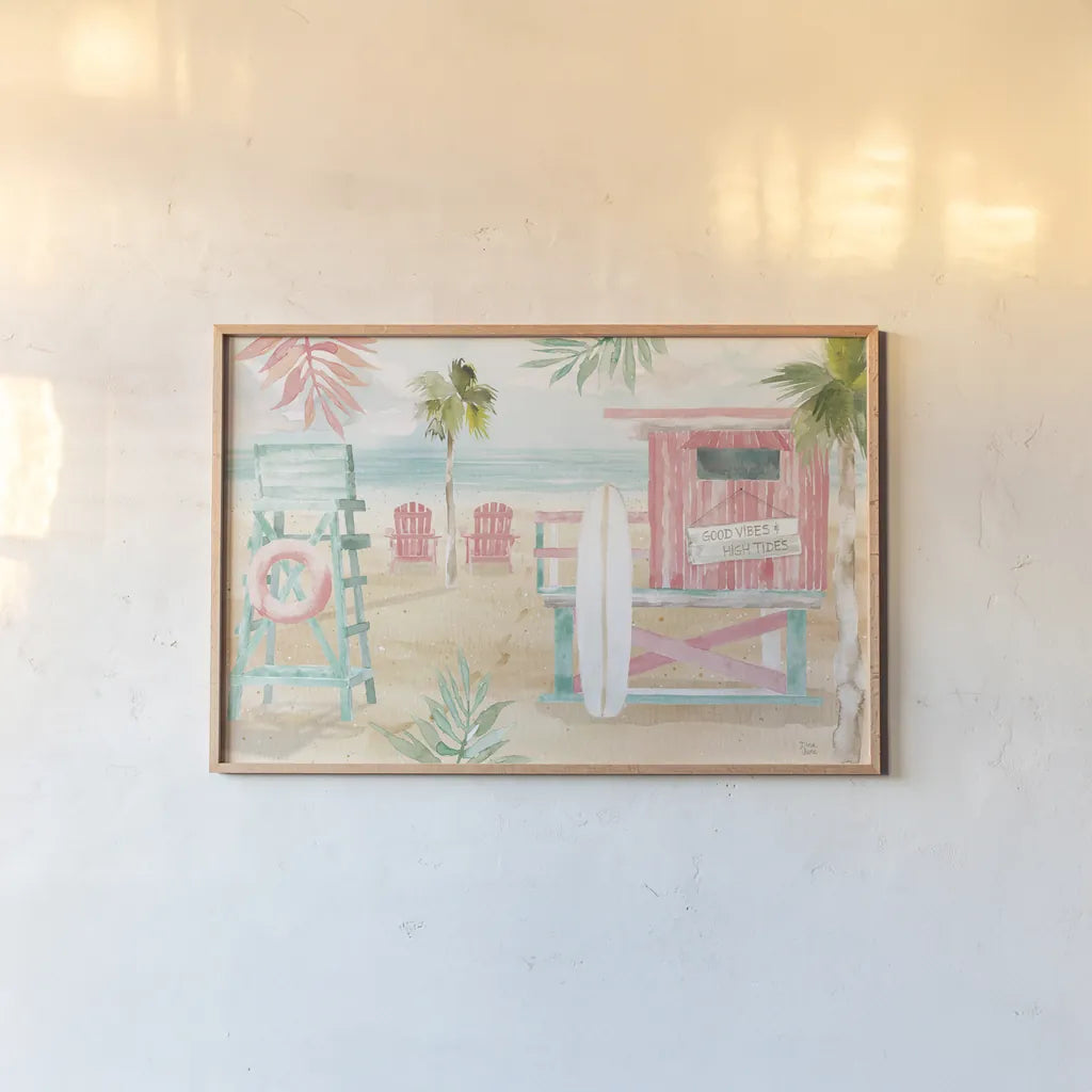 Surfs Up II by Dina June. shown as a paper print in a natural frame. Available as a archival giclee rolled canvas, fine art paper, or poster print. SKU 65080i.