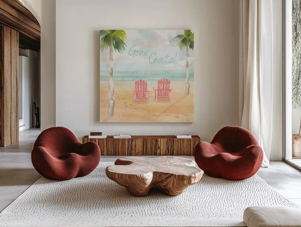 Surfs Up III by Dina June. Shown as extra-large giant wall art in a modern living room. Available as an archival giclee rolled canvas, fine art paper, or poster print. SKU 65081a.
