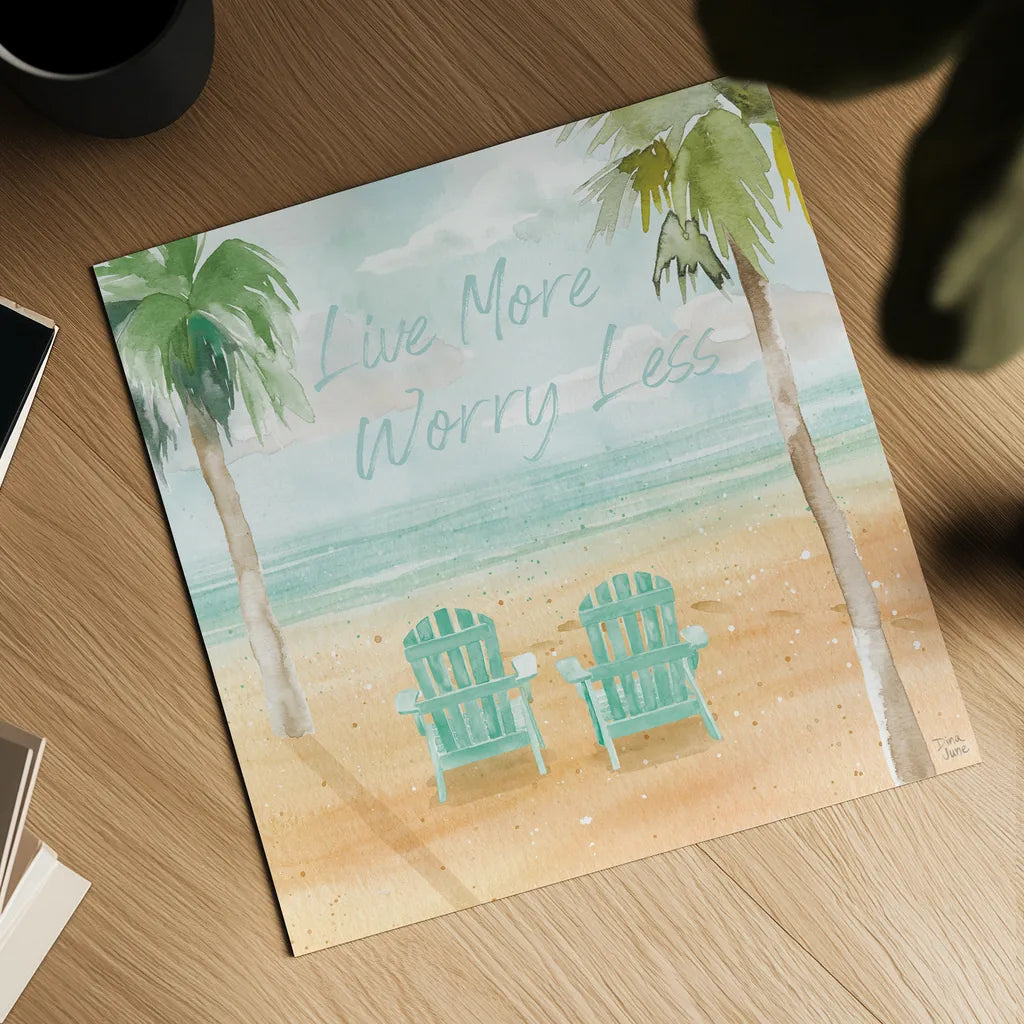 Surfs Up IV Live More by Dina June. Shown as a detailed flat fine art print, highlighting archival giclee quality. Available as an archival giclee rolled canvas, fine art paper, or poster print. SKU 79168a.