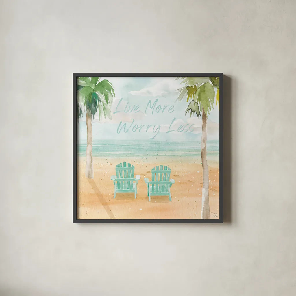 Surfs Up IV Live More by Dina June. Shown in a sleek black glass frame for a contemporary gallery look. Available as an archival giclee rolled canvas, fine art paper, or poster print. SKU 79168a.